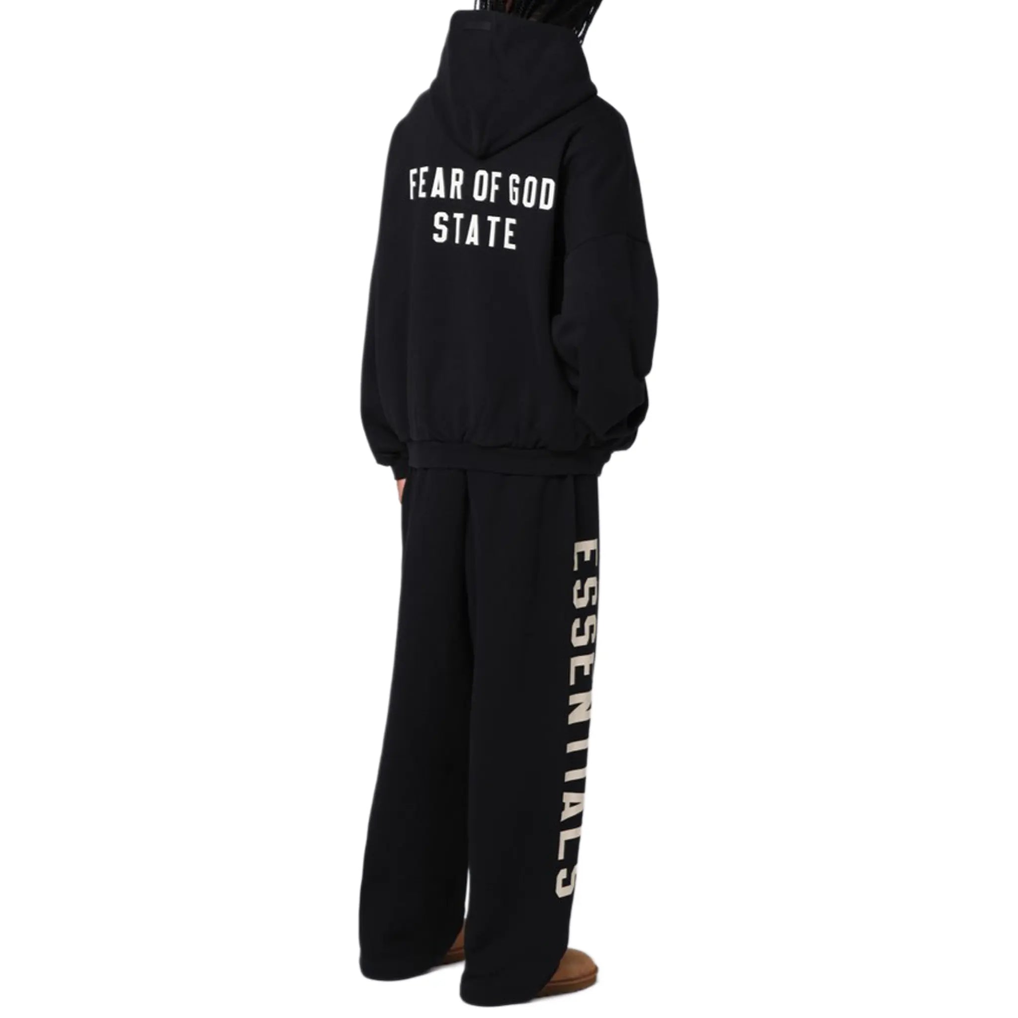 Front Side View of Fear Of God Essentials Heavy Fleece Black Zip-Up Hoodie (FW24) 192BT246240F